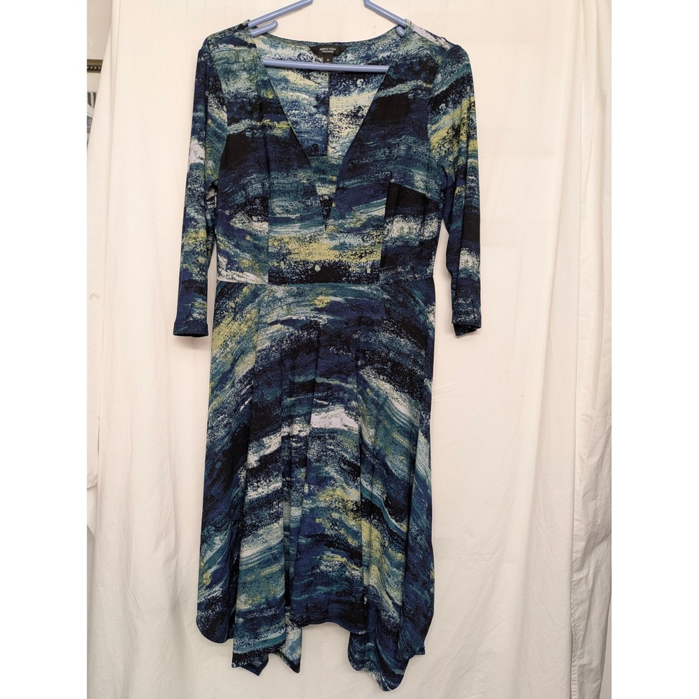 Simply Vera Vera Wang Abstract Print Hanky Hem Dress Blue Green Artsy Boho M